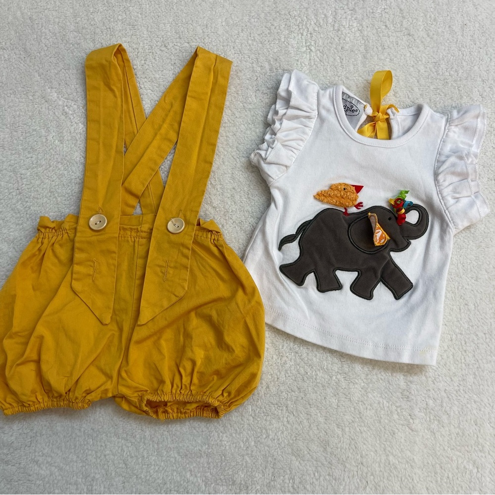 Mud Pie Yellow Suspender Bubble Shorts Elephant T-Shirt Set Boutique Ruffle 12m